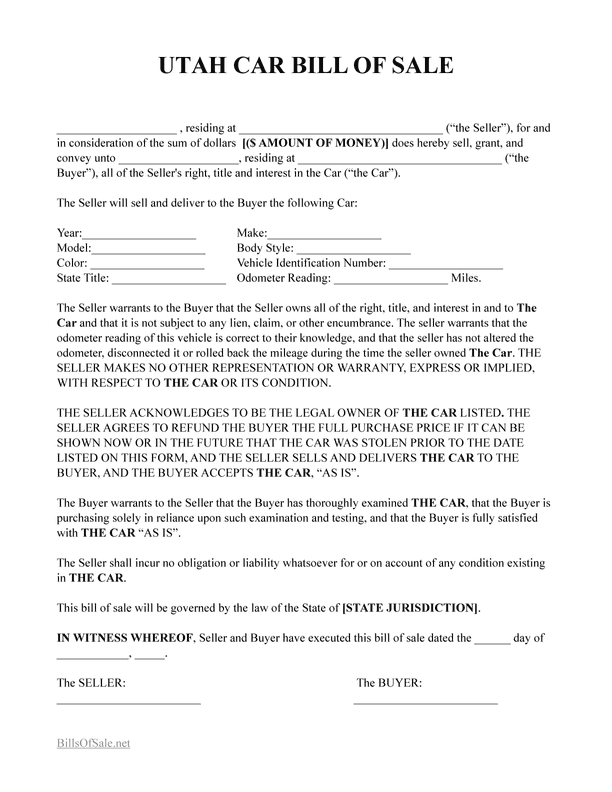 Free Utah (UT) Bill of Sale Form | PDF & Word